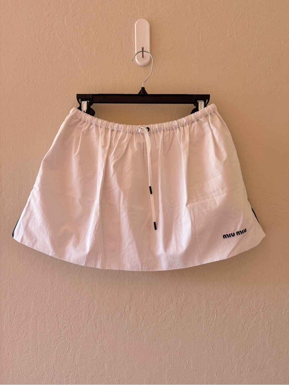 Miu Miu White Elastic Drawstring Mini Skirt with Black Trim